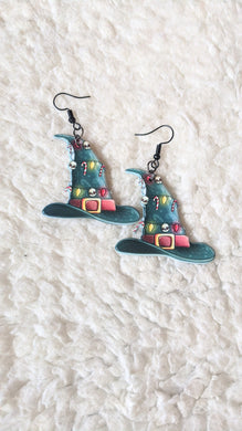 Witches Hats Xmas Lights With Skulls Alternative Christmas Acrylic Earrings