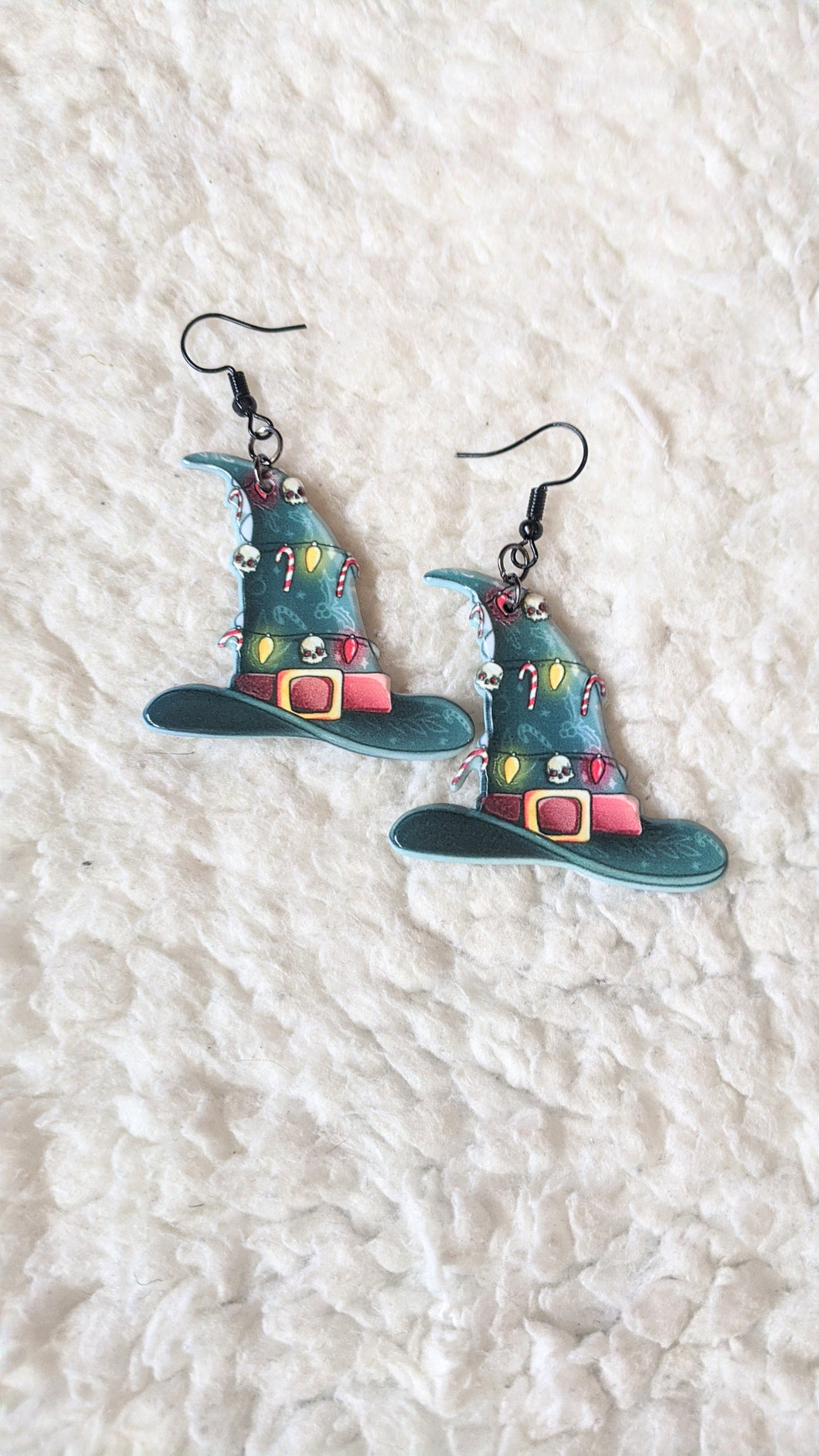 Witches Hats Xmas Lights With Skulls Alternative Christmas Acrylic Earrings