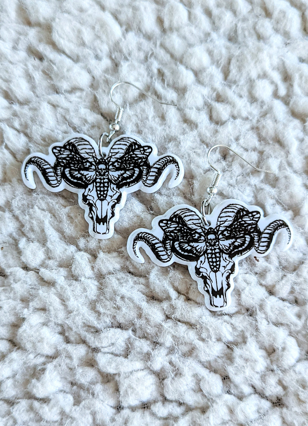 Ram Skull With Skull Moth Gothic Acrylic Dangle Earrings