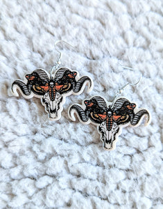 Ram Skull With Skull Moth Gothic Acrylic Dangle Earrings