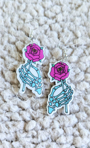 Skeleton Hands With Pink Roses Alternative Acrylic Earrings