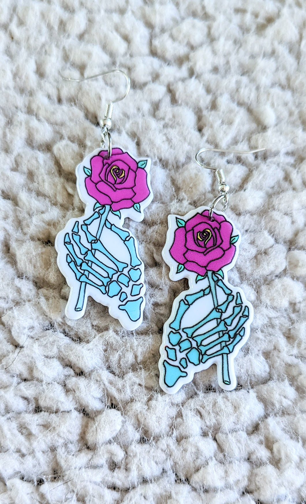 Skeleton Hands With Pink Roses Alternative Acrylic Earrings