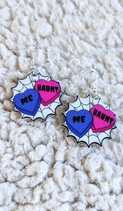 Haunt Me Conversation Hearts Spider Web Alternative Halloween Acrylic Earrings