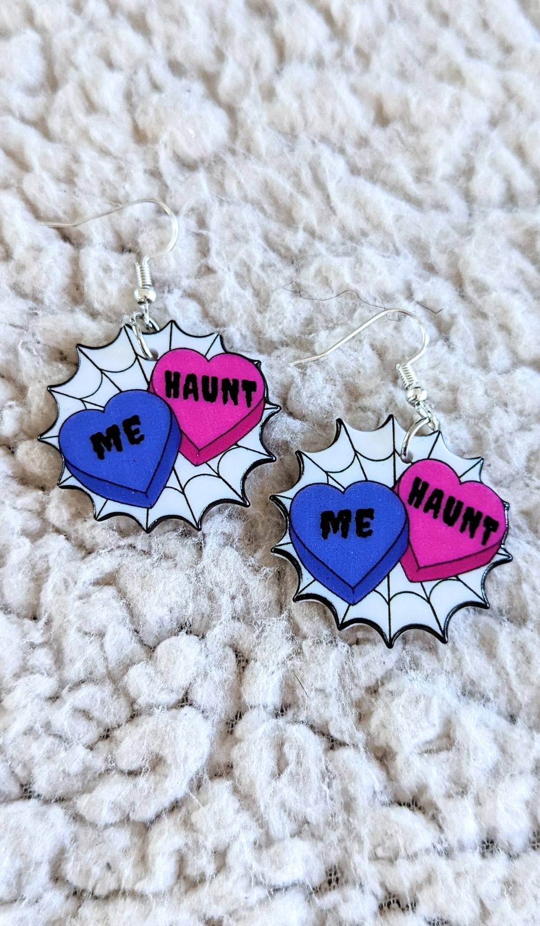 Haunt Me Conversation Hearts Spider Web Alternative Halloween Acrylic Earrings