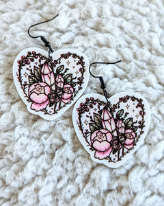 Crystal Cluster Floral Heart Resin Flatback Dangle Earrings