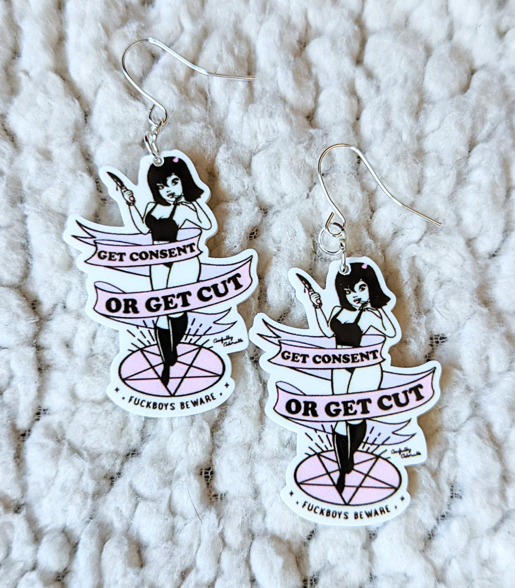 Get Consent or Get Cut Resin Flatback Dangle Earrings
