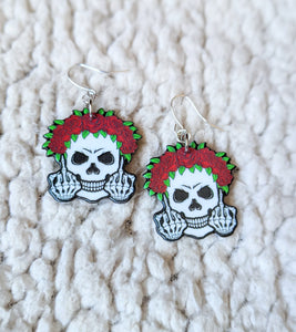 Floral Crown Flipping Off Skeleton Alternative Halloween Acrylic Earrings