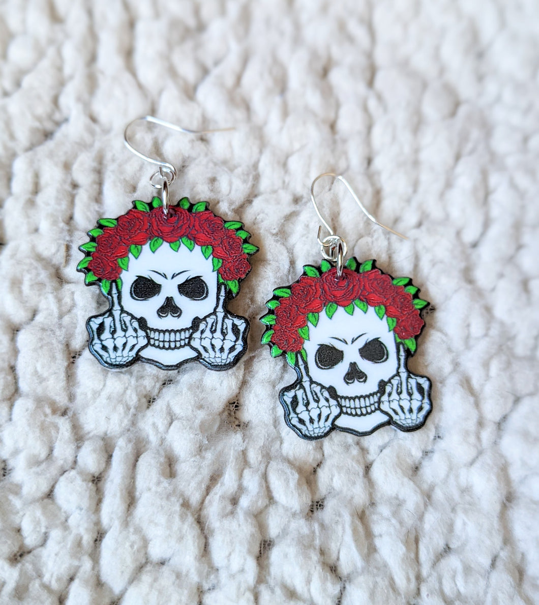 Floral Crown Flipping Off Skeleton Alternative Halloween Acrylic Earrings
